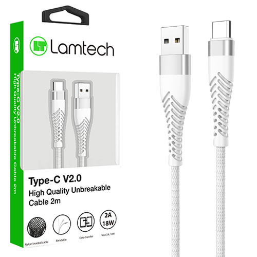 LAMTECH TYPE-C V2,0 HIGH QUALITY UNBREAKABLE CABLE SILVER 2M