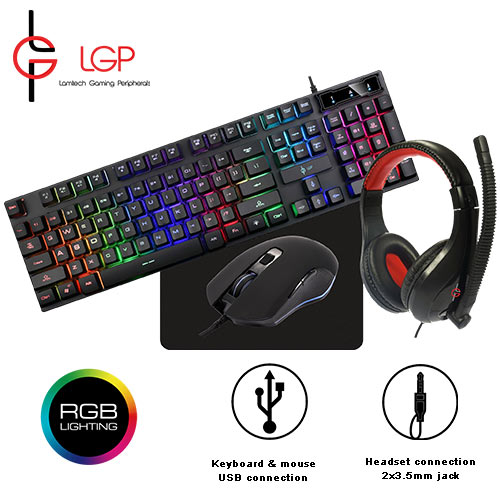 LAMTECH 4 IN 1 RGB GAMING COMBO SET (KEYBOARD-MOUSE-HEADSET-MOUSEPAD) MERCURY