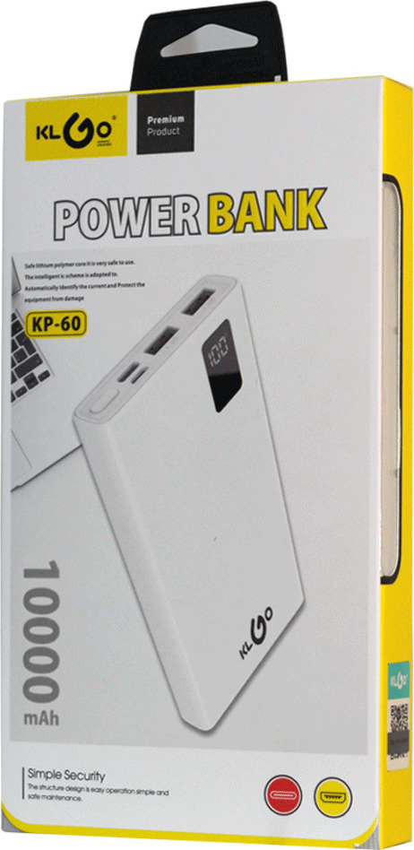 KLGO KP-60 Power Bank 10000mAh με 2 Θύρες USB-A Λευκό