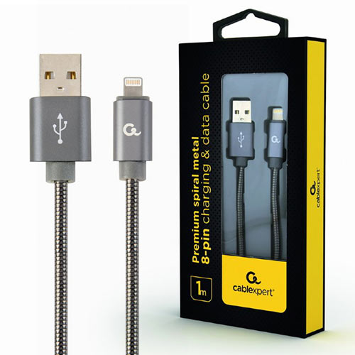 CABLEXPERT PREMIUM SPIRAL METAL 8-PIN CHARGING AND DATA CABLE 1M METALLIC GREY RETAIL PACK