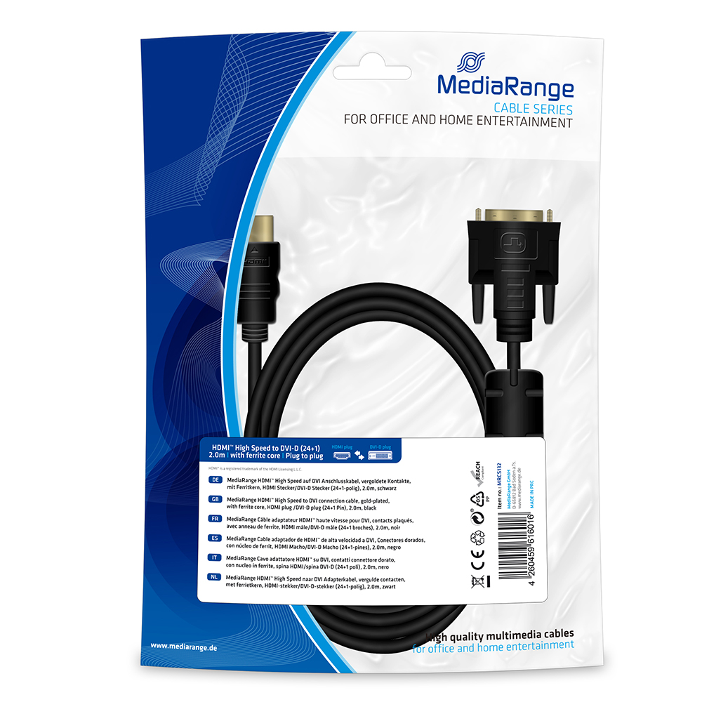 Καλώδιο MediaRange HDMI to DVI connection, gold-plated, with ferrite core, HDMI plug /DVI-D plug (24+1 Pin), 2.0m, black (MRCS132)