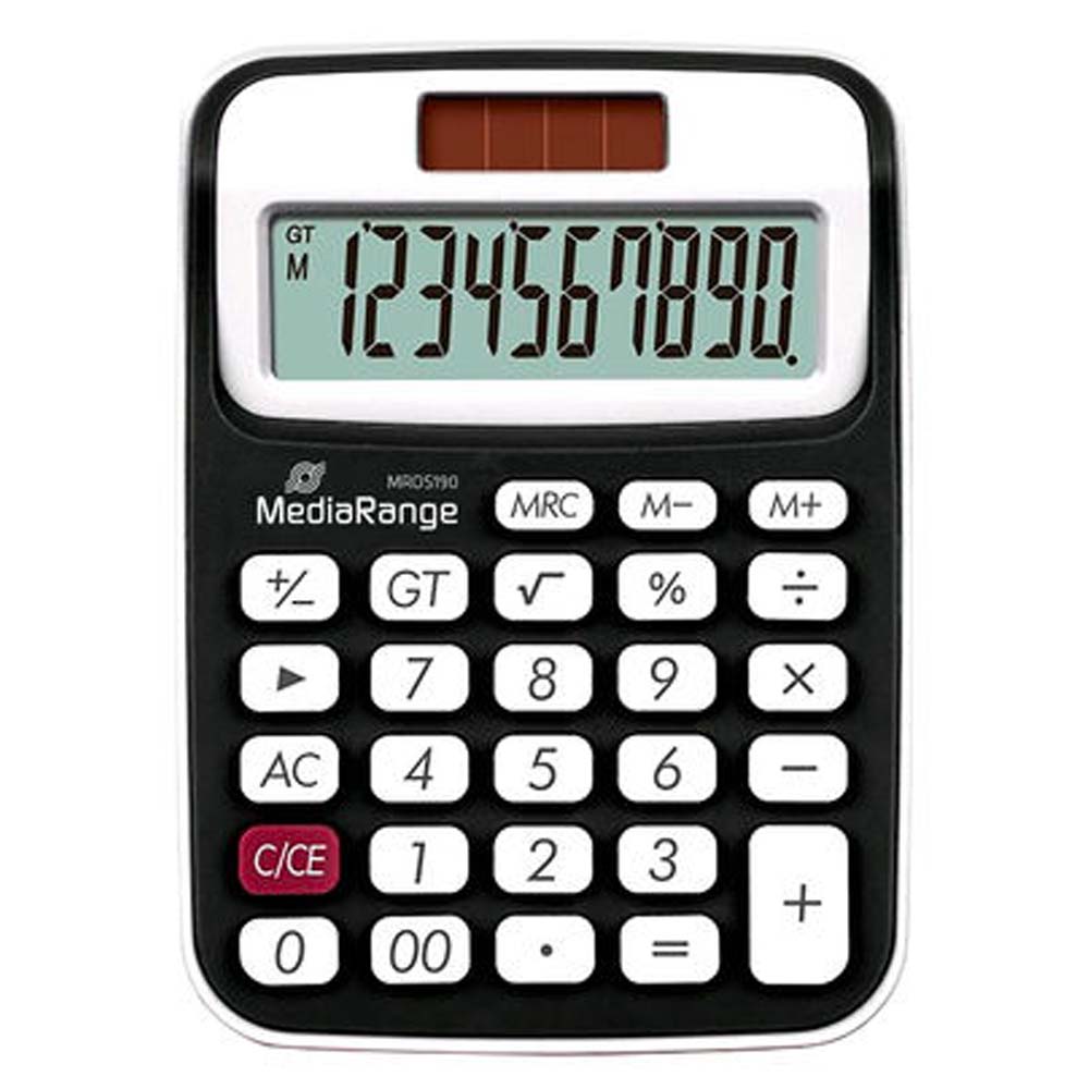 MediaRange Compact calculator with 10-digit LCD, solar and battey-powered, black/white (MROS190)