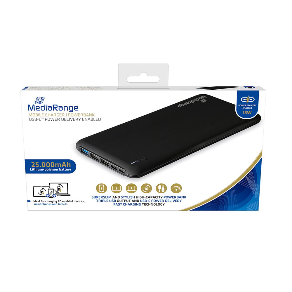 MediaRange Mobile Power Bank 25.000mAh, with USB-C Power Delivery fast charge technology (MR754)