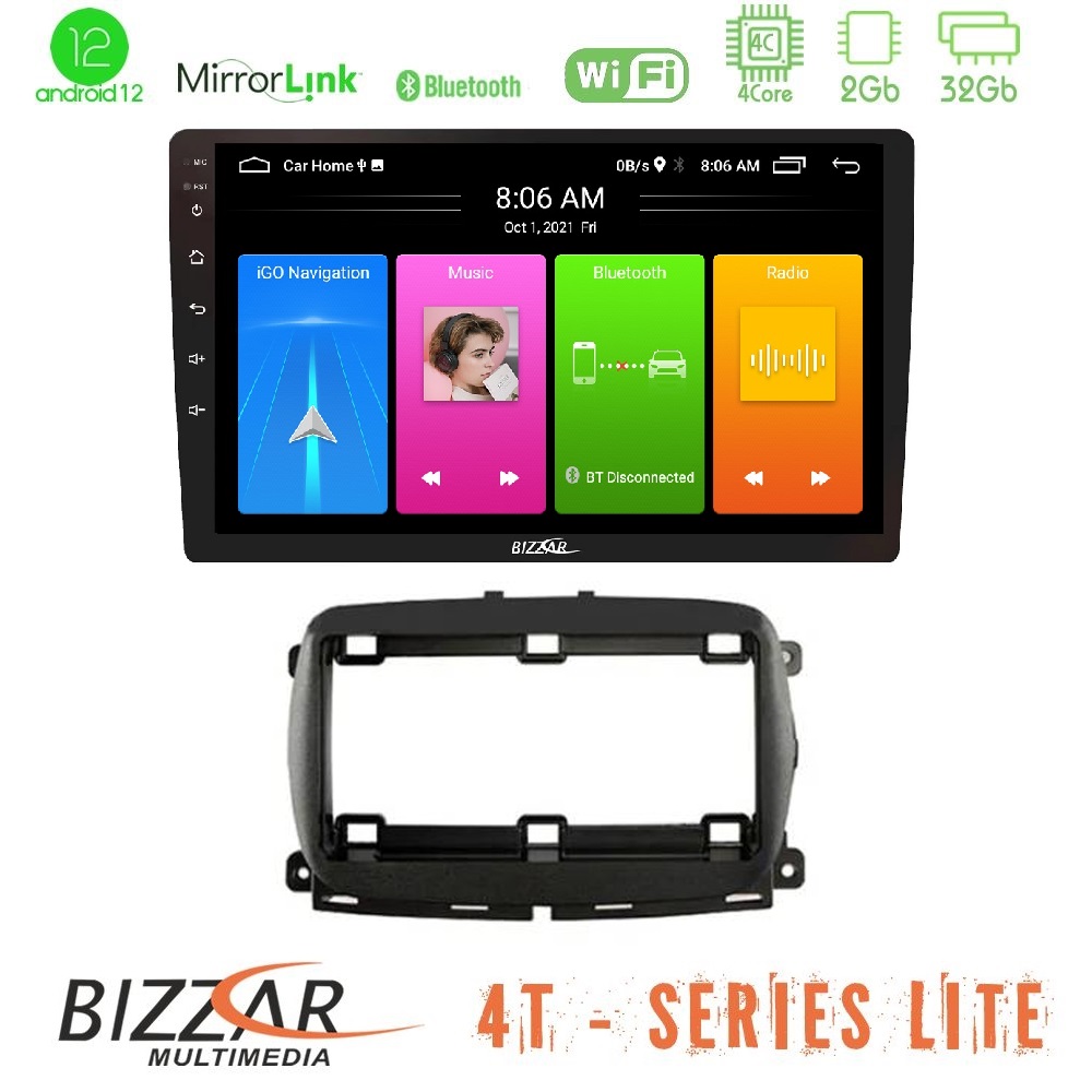 Bizzar 4t Series Fiat 500 2016&gt; 4core Android12 2+32gb Navigation Multimedia Tablet 9 u-lvb-Ft1150