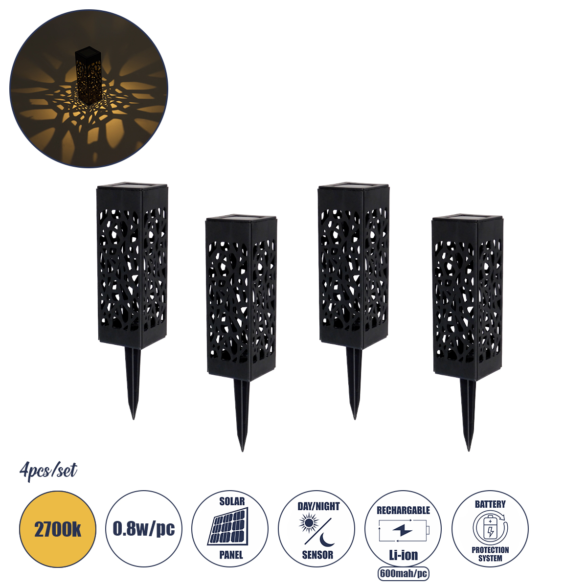 GloboStar® TRIBAL 71526 ΣΕΤ 4 Τεμαχίων Αυτόνομα Ηλιακά Φωτιστικά LED SMD 0.80W/Τεμ. 80lm/Τεμ. με Ενσωματωμένη Μπαταρία 600mAh - Φωτοβολταϊκό Πάνελ με Αισθητήρα Ημέρας-Νύχτας Αδιάβροχο IP65 Φανάρι Κήπου Τετράγωνο Θερμό Λευκό 2700K Μ6 x Π6 x Υ18cm - 1 Χρόνo