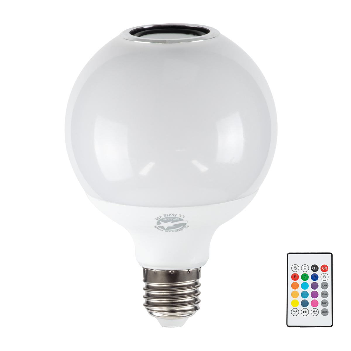 GloboStar® 76072 Λάμπα LED E27 G95 Γλόμπος 12W 780lm 260° με Ενσωματωμένο Bluetooth Ηχείο 3W AC 220-240V IP20 Φ9.5 x Υ13.5cm - Εναλλαγή Φωτισμού μέσω Τηλεχειριστηρίου & Μέσω Smart Home Εφαρμογής HappyLighting APP - Πολύχρωμο RGBW - 2 Years Warranty