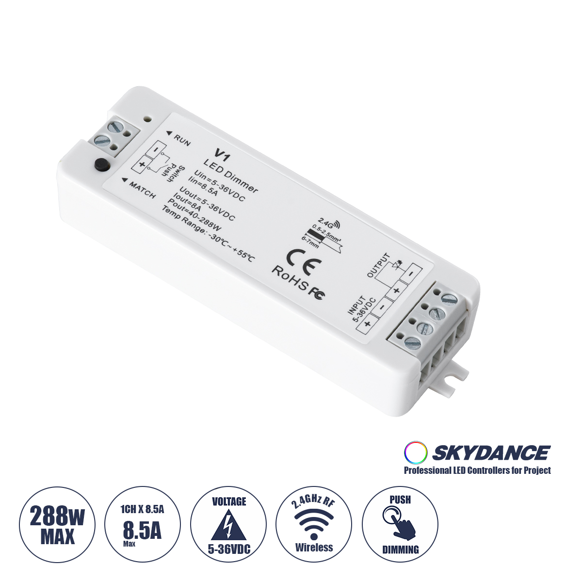 GloboStar® 71567 V1 SKYDANCE DC RF 2.4Ghz Dimmer High Speed Controller & Push Dimming 1 Κανάλι DC 5-36V 1 x 8A 288W - Max 8.5A 288W - IP20 Μ10 x Π3.5 x Υ2cm - 5 Years Warranty