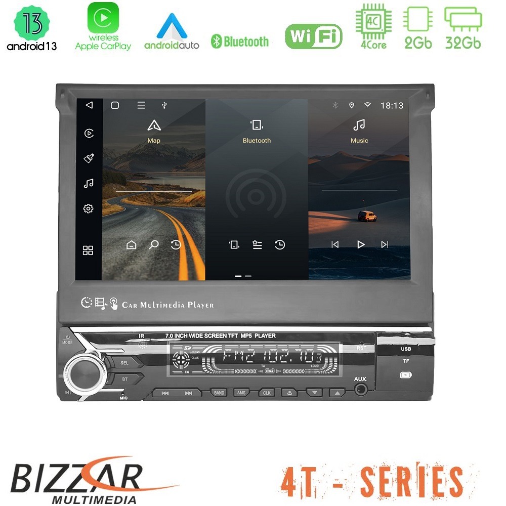 Bizzar 1din Deckless 4t Series 4core Android 13 2+32gb Navigation Multimedia 7 (Αναδιπλούμενο) u-4t-Uv70