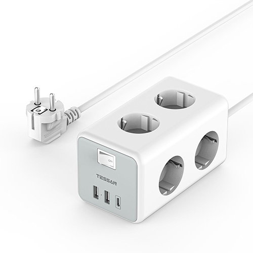 TESSAN 9 IN 1 CUBOID POWER STRIP 6xSCHUKO, 2xUSB, 1xTYPE-C, 2M CABLE