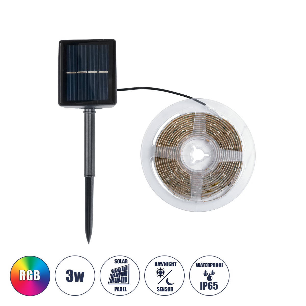 GloboStar® SOLAR LEDSTRIP 70411 Αυτόνομο Ηλιακό Σετ Ταινία LED 3m 3W/3m 90LED 2835 SMD 30lm/m 120° με Ενσωματωμένα Προγράμματα Λειτουργίας - Αδιάβροχο IP65 - RGB - Μ300 x Π0.8 x Υ0.3cm - 2 Χρόνια Εγγύηση