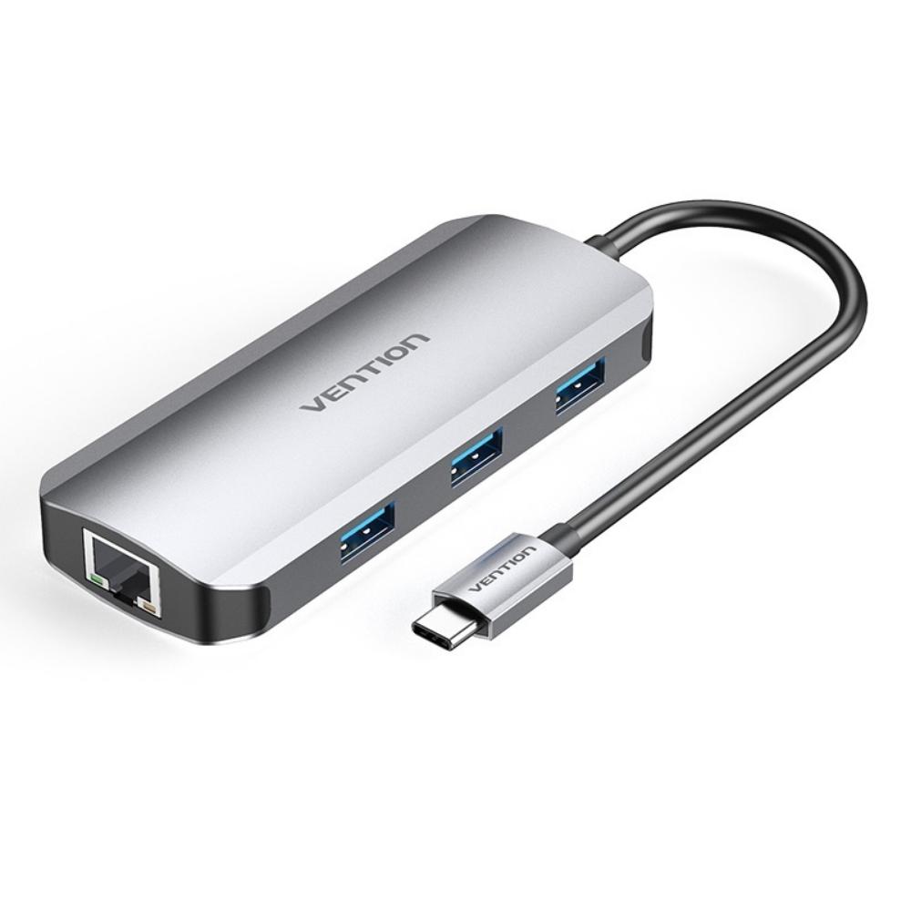 VENTION Type-C to HDMI/USB 3.0x3/RJ45/PD 100W Docking Station 0.15M Gray Aluminum Alloy Type (TOHHB) (VENTOHHB)