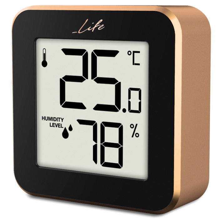 LIFE Alu Mini ROSE GOLD Ψηφιακό θερμόμετρο και υγρόμετρο εσωτερικού χώρου, σε rose gold χρώμα με πλαίσιο αλουμινίου.