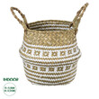 GloboStar® Artificial Garden SYMI 20338 Διακοσμητικό Ψάθινο Καλάθι - Κασπώ Γλάστρα - Flower Pot Μπεζ με Λευκό Φ18cm x Υ20cm