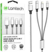 LAMTECH HIGH QUALITY 3 IN 1 USB CABLE WITH METALLIC SHELL SILVER 1M