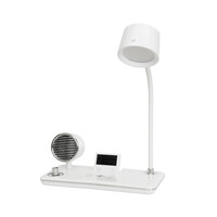 GLOBOSTAR® OLDY 76557 Μοντέρνο Επιτραπέζιο Φωτιστικό Γραφείου με Ασύρματη Φόρτιση 15W 3A, 5W Bluetooth Ηχείο & Ψηφιακό Ρολόι LED 3W 300lm 120° DC 5V με USB-C IP20 Ρυθμιζόμενο Λευκό CCT με Αφή 2700K/4500K/6000K Dimmable - Sanan SMD Chip - Λευκό - Μ13 x Π25 x Υ38cm - 2 Χρόνια Εγγύηση