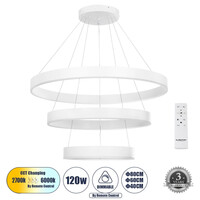 GLOBOSTAR® VENOM TRIO 61189 Μοντέρνο Κρεμαστό Φωτιστικό Οροφής LED 120W 14158lm 120° AC 220-240V IP20 Ρυθμιζόμενο Λευκό CCT με Χειριστήριο από 2700K έως 6000K Dimmable - Lumileds SMD Chip - Λευκό Ματ - Μ80 x Π80 x Υ60cm - 3 Χρόνια Εγγύηση