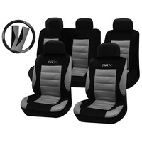 Autoline  Καλύμματα ΣΕΤ Universal με Αποσπώμενο Κεφαλάρι (PolyMesh) TYPE-X 14 τμχ Διαιρούμενα ΧΩΡΙΣ ΦΕΡΜΟΥΑΡ + Καλύμματα Ζωνών και Τιμονιο - ΜΑΥΡΟ/ΓΚΡΙ