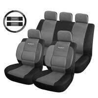 Autoline  Καλύμματα ΣΕΤ Universal με Αποσπώμενο Κεφαλάρι (PU) SAFARI 12 τμχ + Καλύμματα Ζωνών και Τιμονιού - ΜΑΥΡΟ/ΓΚΡΙ