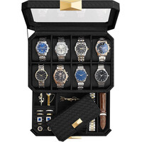 Κουτί Ρολογιών 8 Θέσεων 2 Επίπεδα με Καπάκι και Θήκη Ταξιδίου 19.5 x 27.3 x 14.5 cm Μαύρο JWB025B01 Songmics
