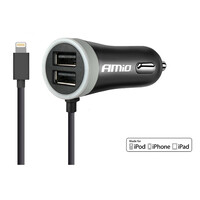 02057/AM . ΦΟΡΤΙΣΤΗΣ ΑΝΑΠΤΗΡΑ 12V 2,4A ΜΕ 2 ΘΥΡΕΣ USB + 1 LIGHTNING USB ΜΕ ΚΑΛΩΔΙΟ AMiO – 1 ΤΕΜ.