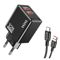 KAKUSIGA φορτιστής τοίχου KSC-1238 με καλώδιο USB-C, 2x USB, 12W, μαύρος