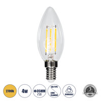 GloboStar® 99001 Λάμπα E14 C35 Κεράκι LED FILAMENT 4W 440 lm 320° AC 85-265V Edison Retro με Διάφανο Γυαλί Θερμό Λευκό 2700 K Dimmable