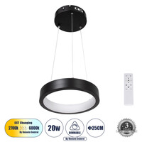 GloboStar® NEMESIS 61152 Κρεμαστό Φωτιστικό Δαχτυλίδι-Κύκλος LED CCT 20W 2356lm 360° AC 220-240V - Εναλλαγή Φωτισμού μέσω Τηλεχειριστηρίου All In One Ψυχρό 6000k+Φυσικό 4500k+Θερμό 2700k Dimmable Φ25cm - Μαύρο - 3 Years Warranty