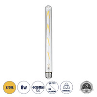 GloboStar® 99020 Λάμπα LED Long Filament E27 T30 Σωλήνας 8W 800lm 360° AC 220-240V IP20 Φ3 x Υ30cm Θερμό Λευκό 2700K με Διάφανο Γυαλί - Dimmable - 3 Years Warranty