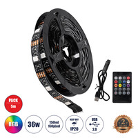 GloboStar® DIGISTRIP 90757 Set RGB Strip - Σετ RGB Ταινίας 5 Μέτρων με Controller & Ασύρματο Χειριστήριο IR - LED SMD 5050 36W/5m 150LED/5m 2880lm/m 120° DC 5V με USB 2.0 IP20 Πολύχρωμο RGB - Dimmable - Μαύρο Σώμα - Μ500 x Π1 x Υ0.2cm - Συσκευασία 5 Μέτρων - 2 Χρόνια Εγγύηση