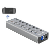 DELOCK USB hub 63264 με διακόπτες, 9x θυρών, 5Gbps, 12V/2.25A PD, γκρι