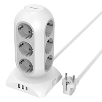 TESSAN 15 IN 1 TOWER SURGE PROTECTOR 12xSCHUKO, 2xUSB, 1xTYPE-C, 2M CABLE WHITE