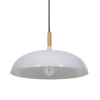 GloboStar® VALLETE 01256 Μοντέρνο Κρεμαστό Φωτιστικό Καμπάνα Μονόφωτο 1 x E27 IP20 Λευκό Μέταλλο με Μπεζ Ξύλο - Μ45 x Π45 x Υ27cm
