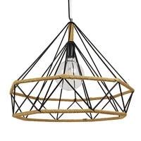 GloboStar® FLUTED 01422 Vintage Κρεμαστό Φωτιστικό Πλέγμα Μονόφωτο 1 x E27 IP20 Μαύρο Μέταλλο με Μπεζ Σχοινί - Μ50 x Π50 x Y44cm