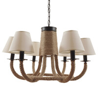 GloboStar® VERONE 10001020 Vintage Κρεμαστό Φωτιστικό Πλέγμα Πολύφωτο 6 x E14 IP20 Μπεζ Ύφασμα με Μπεζ Σχοινί - Μ65 x Π65 x Υ45cm