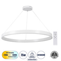 GloboStar® VENOM 61183 Κρεμαστό Φωτιστικό Δαχτυλίδι-Κύκλος LED CCT 75W 8818lm 120° AC 220-240V - Εναλλαγή Φωτισμού μέσω Τηλεχειριστηρίου All In One Ψυχρό 6000K+Φυσικό 4500K+Θερμό 2700K Dimmable Φ100cm - Λευκό - 3 Years Warranty