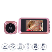 GloboStar® 86064 Επαναφορτιζόμενη Ψηφιακή Έξυπνη Camera Εξώπορτας 90° Μοιρών με Έγχρωμη Οθόνη 4.1" Inches - USB - Νυχτερινή Όραση με LED IR - Κουδούνι - Ροζ