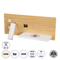 GloboStar® PALADIN 61360 Μοντέρνο Φωτιστικό Τοίχου - Απλίκα Ξενοδοχείου Bed Side LED 6W 720lm 36° AC 220-240V - Reading Light & Κρυφός Φωτισμός - Φορτιστές USB 3A & Wireless 20W - Μ30 x Π11 x Υ12cm - Φυσικό Λευκό 4500K - Ξύλο & Λευκό - Δεξί