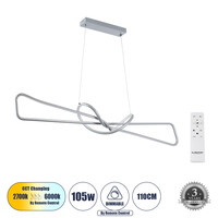 GloboStar® DOLORES 61281 Κρεμαστό Φωτιστικό Οροφής Design LED CCT 105W 11760lm 300° AC 220-240V - Εναλλαγή Φωτισμού μέσω Τηλεχειριστηρίου All In One Ψυχρό 6000k+Φυσικό 4500k+Θερμό 2700k Dimmable Μ110 x Π17 x Υ17.5cm - Νίκελ Βούρτσας - 3 Years Warranty