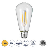 GloboStar® 99016 Λάμπα LED Long Filament E27 ST64 Αχλάδι 8W 800lm 360° AC 220-240V IP20 Φ6.4 x Υ14cm Θερμό Λευκό 2700K με Διάφανο Γυαλί - Dimmable - 3 Years Warranty