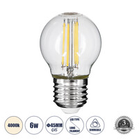 GloboStar® 99052 Λάμπα LED Long Filament E27 G45 Γλομπάκι 6W 660lm 360° AC 220-240V IP20 Φ4.5 x Υ7.5cm Φυσικό Λευκό 4000K με Διάφανο Γυαλί - Dimmable - 3 Years Warranty