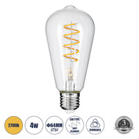 GloboStar® 99143 Λάμπα LED Soft S Spiral Filament E27 ST64 Αχλάδι 4W 300lm 360° AC 220-240V IP20 Φ6.4 x Υ14cm Θερμό Λευκό 2700K με Διάφανο Γυαλί - Dimmable - 3 Χρόνια Εγγύηση