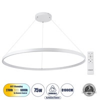 GloboStar® DIAMOND 61518 Κρεμαστό Φωτιστικό Δαχτυλίδι-Κύκλος LED CCT 75W 8400lm 360° AC 220-240V - Εναλλαγή Φωτισμού μέσω Τηλεχειριστηρίου All In One Ψυχρό 6000k+Φυσικό 4500k+Θερμό 2700k Dimmable Φ100cm - Λευκό - 3 Years Warranty