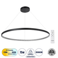 GloboStar® DIAMOND 61519 Κρεμαστό Φωτιστικό Δαχτυλίδι-Κύκλος LED CCT 75W 8400lm 360° AC 220-240V - Εναλλαγή Φωτισμού μέσω Τηλεχειριστηρίου All In One Ψυχρό 6000k+Φυσικό 4500k+Θερμό 2700k Dimmable Φ100cm - Μαύρο - 3 Years Warranty