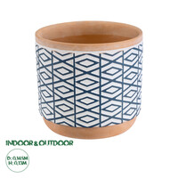 GloboStar® Artificial Garden KOLKATA 20525 Διακοσμητικό Κεραμικό Κασπώ Γλάστρα - Flower Pot Λευκό με Μπλε και Μπεζ Φ14.5 x Υ13cm