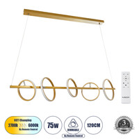 GloboStar® CIRCOLARE 61322 Κρεμαστό Φωτιστικό Οροφής Design LED CCT 75W 8400lm 360° AC 220-240V - Εναλλαγή Φωτισμού μέσω Τηλεχειριστηρίου All In One Ψυχρό 6000k+Φυσικό 4500k+Θερμό 2700k Dimmable Μ120 x Π25 x Υ25cm - Χρυσό - 3 Χρόνια Εγγύηση