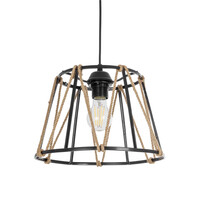 GloboStar® JUTE 203-0090 Μοντέρνο Κρεμαστό Φωτιστικό Σχοινί Μονόφωτο 1 x E27 IP20 Μαύρο Πλαστικό με Μπεζ Σχοινί - Μ30 x Π30 x Υ23cm