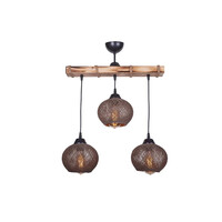 GloboStar® LUMA 201-0012 Vintage Κρεμαστό Φωτιστικό Ράγα Τρίφωτο 3 x E27 IP20 Μπεζ Ξύλο με Καφέ Σχοινί - Μ50 x Π20 x Υ63cm