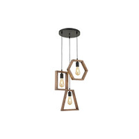 GloboStar® EMBER 201-0102 Vintage Κρεμαστό Φωτιστικό Φιγούρα Τρίφωτο 3 x E27 IP20 Μαύρο Μέταλλο με Καφέ Ξύλο - Μ35 x Π40 x Υ70cm