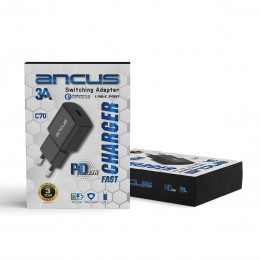 Φορτιστής Ταξιδίου Switching Ancus Supreme Series C70 Fast Charge με USB-C Έξοδο QC 3.0 PD 20W 5V/3A Μαύρο
