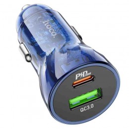 Φορτιστής Αυτοκινήτου Hoco Z47 Transparent Discovery Dual Port Fast Charge PD30W QC3.0 USB 20W, USB-C 30W 5V/3A Διαφανής Μπλε